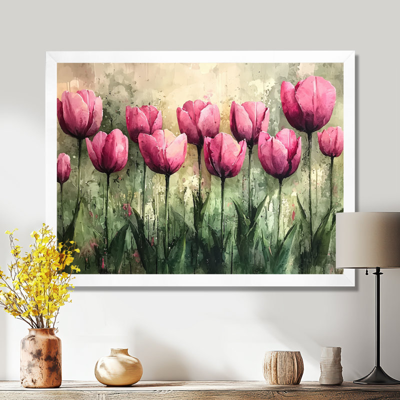 «Summer Pink Hues Tulips Field Horizon», art mural tulipes, H 30 po x l 40 po, Reproduction encadrée d'une seule photo, Blanc