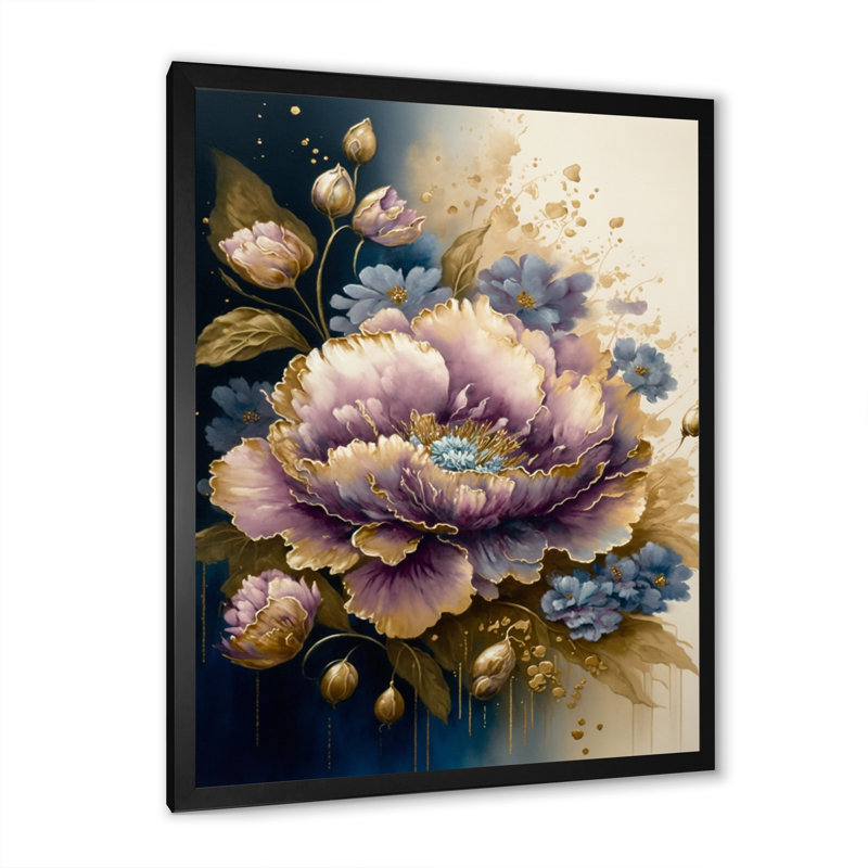 Bouquet floral mauve et doré II - Impression sur toile, Cadre photo noir, H 20 po x l 12 po x P 1 po