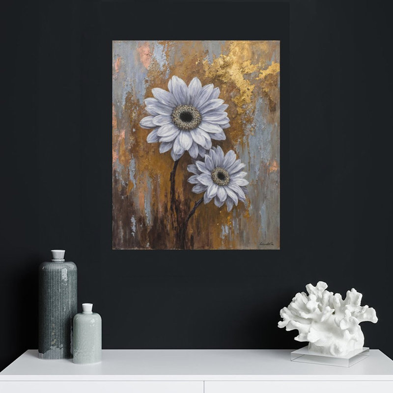 Marguerites blanches sur fond rustique, cadre en bois intégré, l 16 x L 20