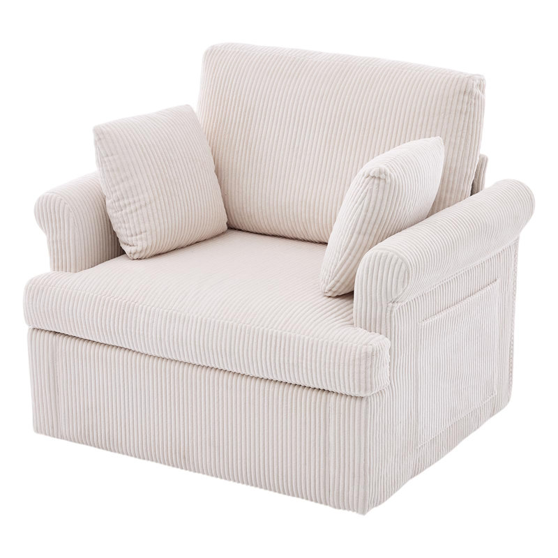 Fauteuil d'appoint pivotant moderne 39 po, grand fauteuil en velours côtelé avec 2 coussins, Beige