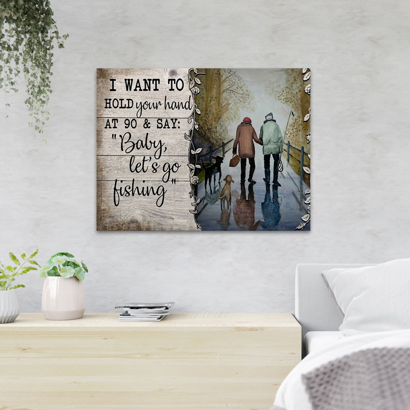 Old Couple With Fishing Rod - Baby, Let's Go Fishing - Wrapped Canvas Rectangle Graphic Art Print, 24" H x 36" W x 2" D
