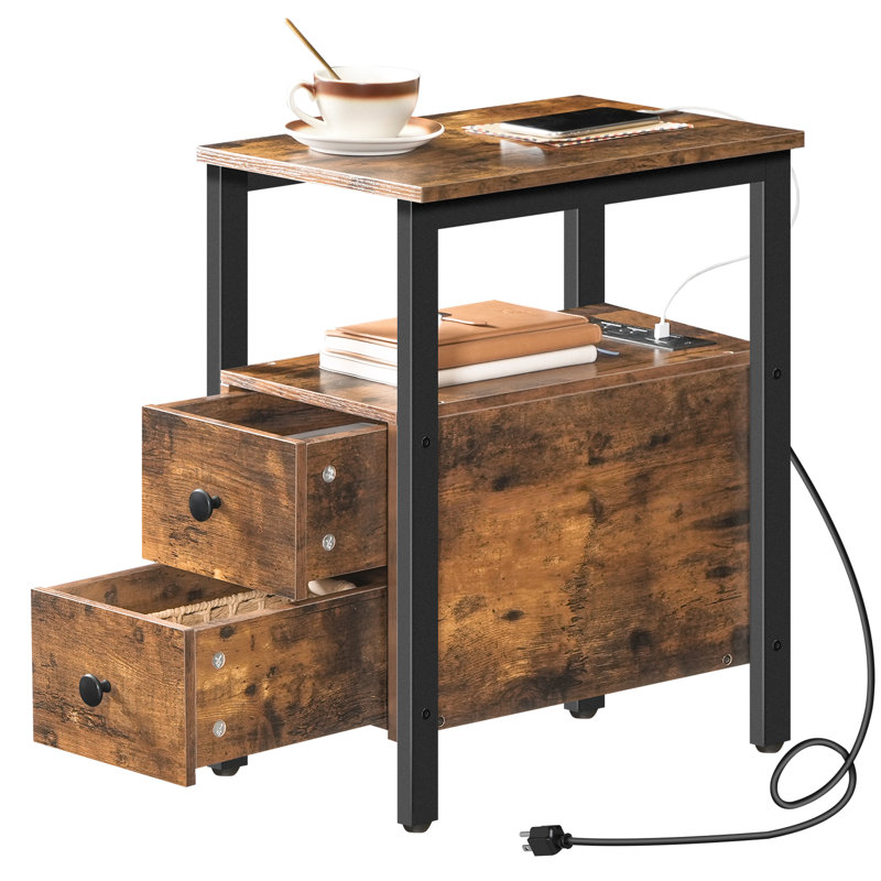 Table de bout à 2 tiroirs avec prises intégrées Artimon, Brun, 1