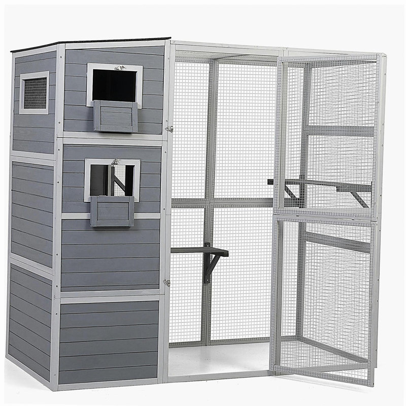 Grande clôture pour chat en bois avec toit et plateformes imperméables, gris