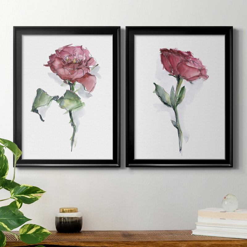 «Watercolor Floral Contour I», reproduction encadrée de qualité supérieure - prête à être accrochée, Cadre noir