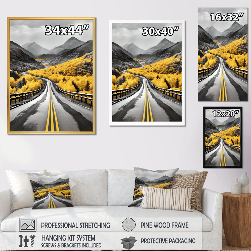 «Baulu route à travers les prairies jaunes II», reproduction sur toile, H 20 po x l 12 po x P 1 po, Encadrement doré