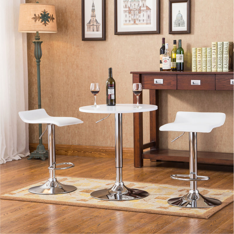 White Adjustable Height Wood And Chrome Metal Bar Table And 2 Chrome Air Lift Adjustable Swivel Stools Set, White, Silver