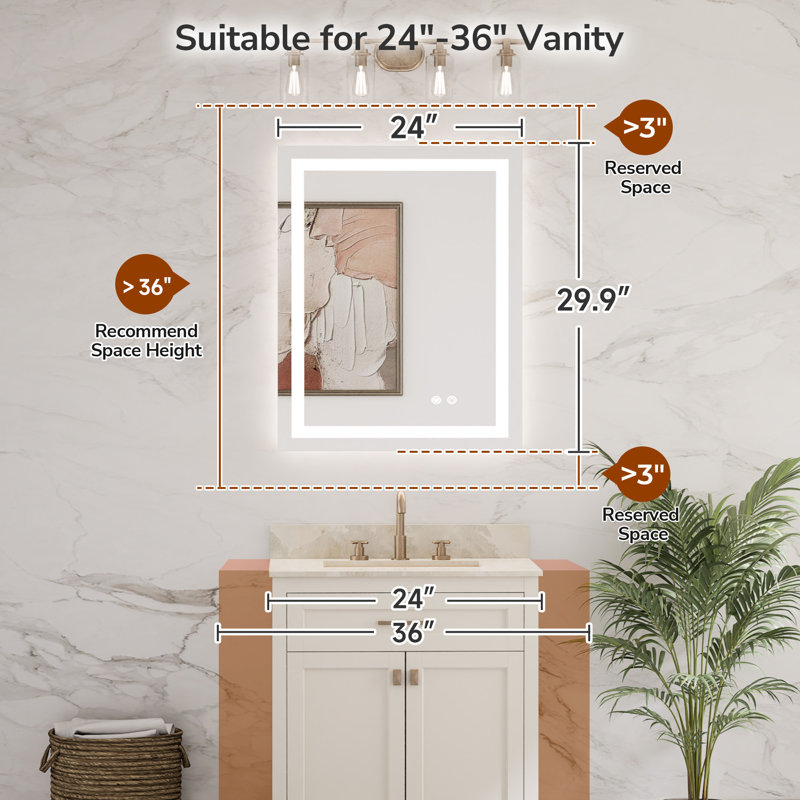 Miroir de meuble-lavabo à fixation murale avant et rétro-éclairé Cardier avec réglage en 3 couleurs, incassable, verre trempé