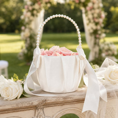 Artificial Flower Flower Girl Basket With Bow Wedding Petal Basket Small Storage Basket For Ceremony Party Home Decor