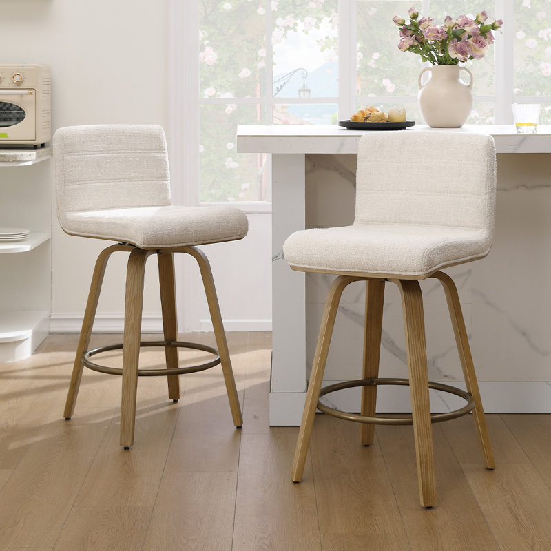 Tabouret de bar et de comptoir pivotant rembourré avec structure en bois massif, 2, Beige / fausse fourrure