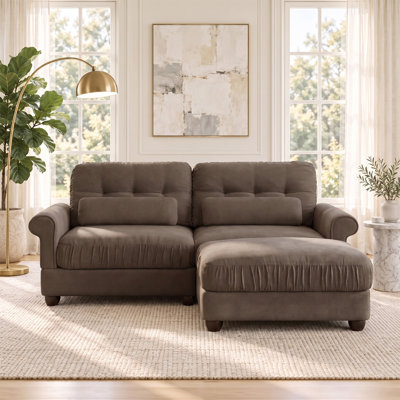 69.2" Chenille 2-Seater Sofa with Matching Ottoman, Ruffled Seat Edges, Rolled Arms & Lumbar Pillows, Plush Firm Cushions, Upholstered Loveseat with 32.2" Footstool for Living Room & Bedroom