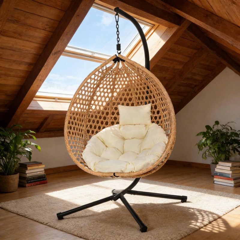 Fauteuil à œufs suspendu avec support, balancelle intérieure en osier avec coussin pour la terrasse du balcon, Brun, Beige