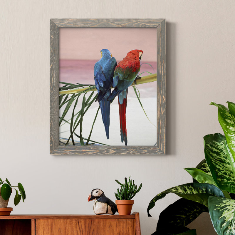 Palm Parrots - Peinture sur toile encadrée, H 20 po x l 17 po x P 1,5 po, Encadré gris