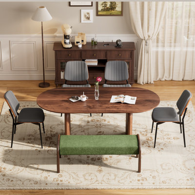 Ensemble de salle à manger de style Mid-Century moderne, table de salle à manger ovale en panneau de fibres à densité moyenne, chaises rembourrées et banc en chenille pour la salle à manger de cuisine