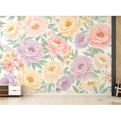 Murale de pivoines pastel - aquarelle peinte à la main printemps jardin mural pleine floraison florale pour décor de chambre à coucher 737RS (non tissé) RS737
