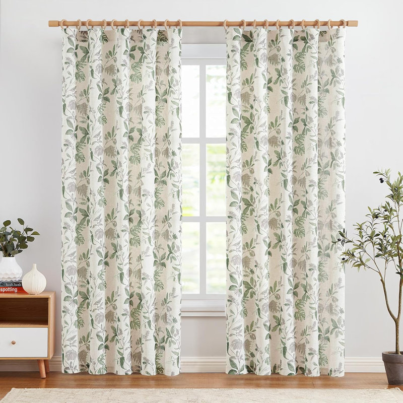 Rod Pocket Tropical Leaf Print Botanical Curtains Flax Farmhouse Country Curtains for Living Room, 50" W x 84" L, Green