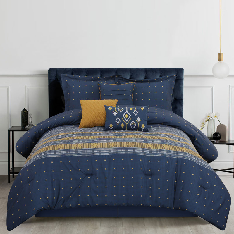 Ensemble d'édredon géométrique bleu marine 7 pièces, Édredon très grand + 2 taies décoratives très