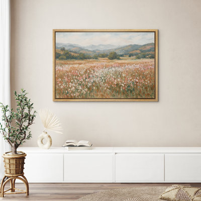 Doux pastel fleur sauvage prairie montagne paysage nature décoration murale pour le salon chambre à coucher encadrée toile chambre à coucher principale œuvre d'art