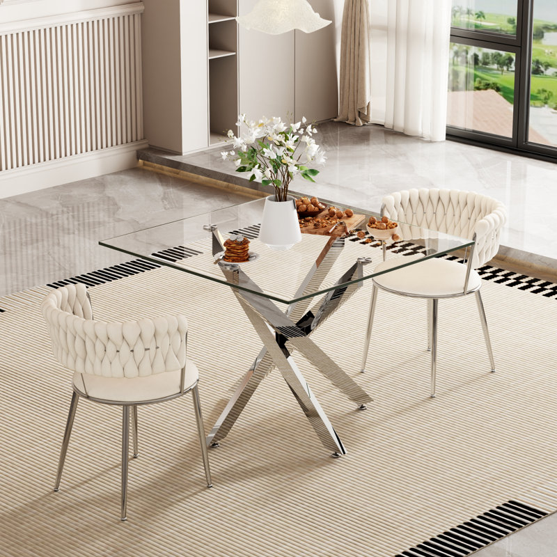 Ensemble de table de salle à manger transparent avec chaises rembourrées Weavon, ensemble de table de salle à manger carré moderne