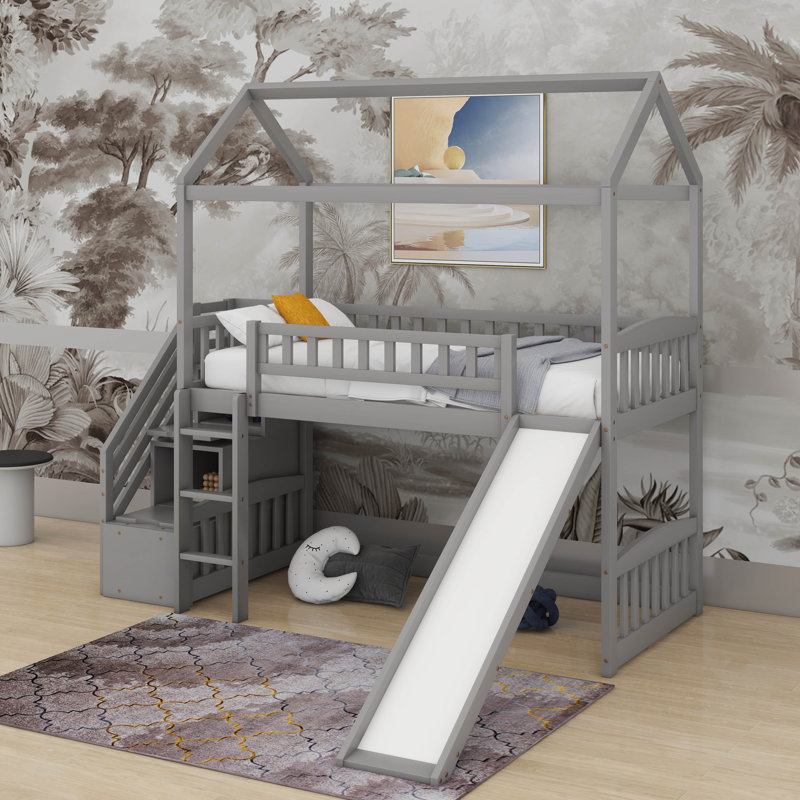 Lit mezzanine simple avec glissade, Gris