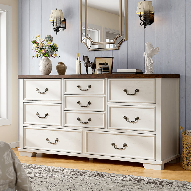 Dresser For Bedroom With 9 Drawers, Antique White
