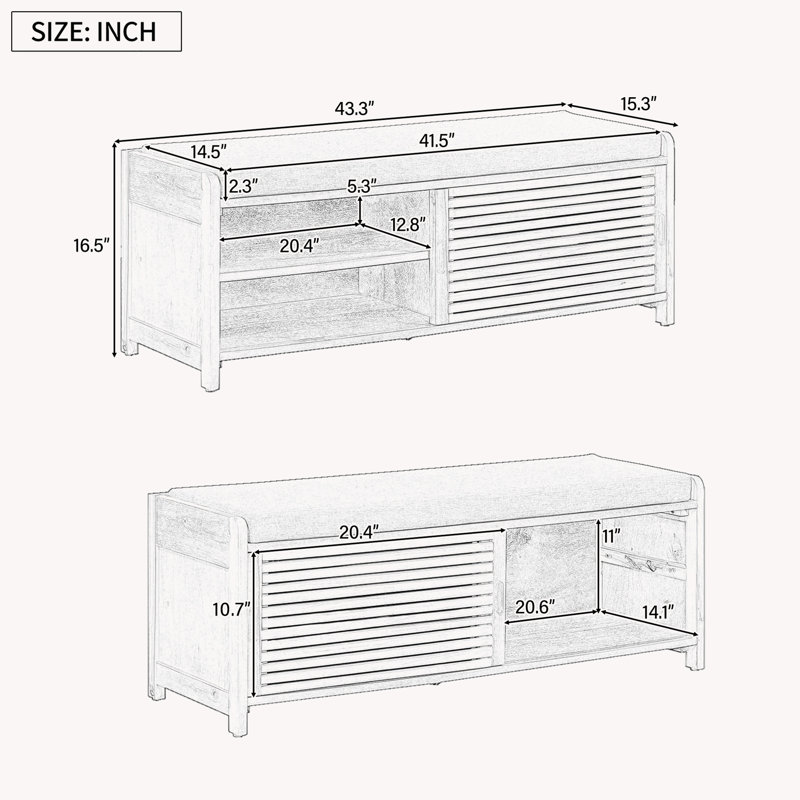 43" Distressed Shutter Storage Bench, Entryway Storage with Storage, White Washed