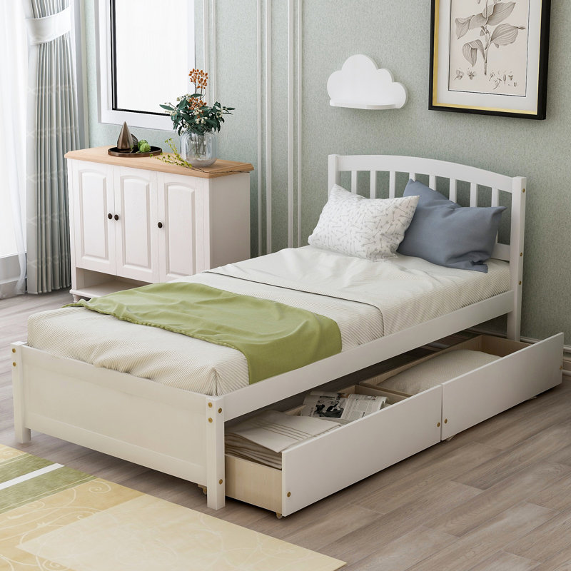 Base de lit plateforme en bois avec deux tiroirs et tête de lit, Blanc