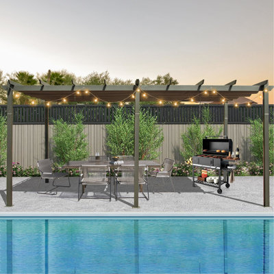 11 X 20 Ft Outdoor Retractable Pergola - Dark Gray. Aluminum Frame, Weather- Canopy. & Fade Fabric. Adjustable Canopy Angle. Easy Assembly. For Courtyard, Lawn With Gray Aluminum, . Fade- Material.