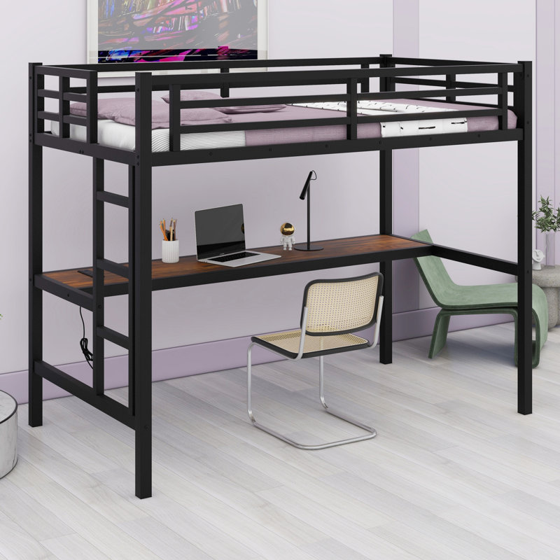Metal Loft Bed With Power Outlet And LED Lighted, Space-Saving