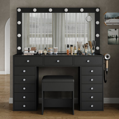 Meuble-lavabo 13 tiroirs, coiffeuse avec prise de courant, coiffeuse avec miroir et 12 ampoules DEL, 3 modes d'éclairage, coiffeuse en verre avec fauteuil