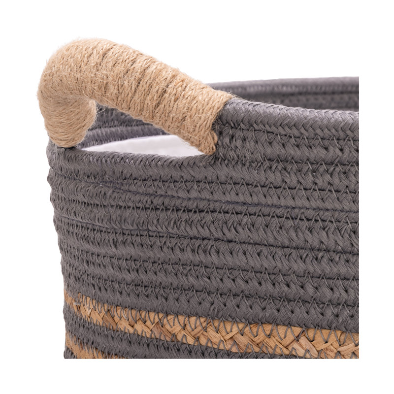 Natural Water Hyacinth and Rope Round Hamper with Liner, Gray
