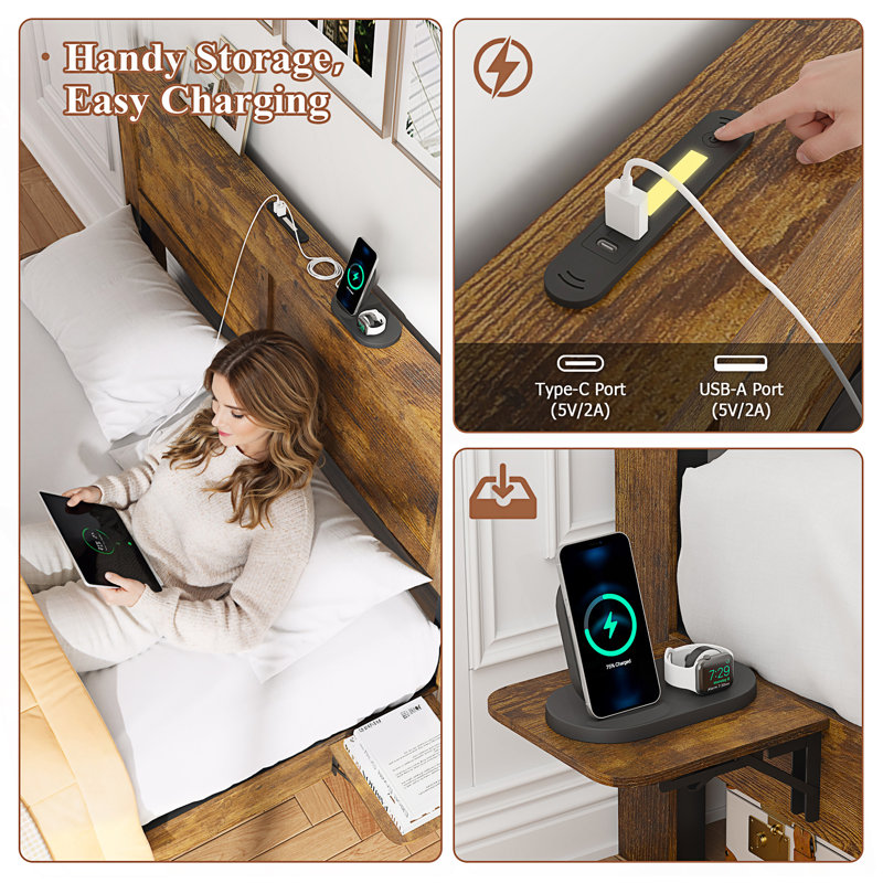 Base de lit pleine grandeur de style campagnard avec tablette de rangement pour tête de lit, cadre de lit plateforme avec lumières DEL et station de charge