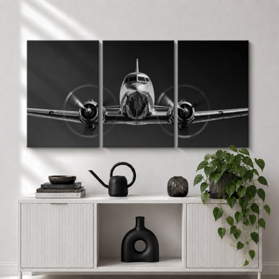 Vintage Propeller Airplane Aviation Artwork, Office Room Pictures, Framed Canvas Giclee Print 3 Pieces Wall Art