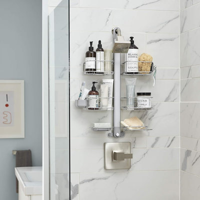 Adjustable Shower Caddy XL With Extendable Neck, Stainless Steel And Anodized Aluminum Organizer For Modern Bathroom Accessories, Handheld Showerhead Compatible, Rust-Proof