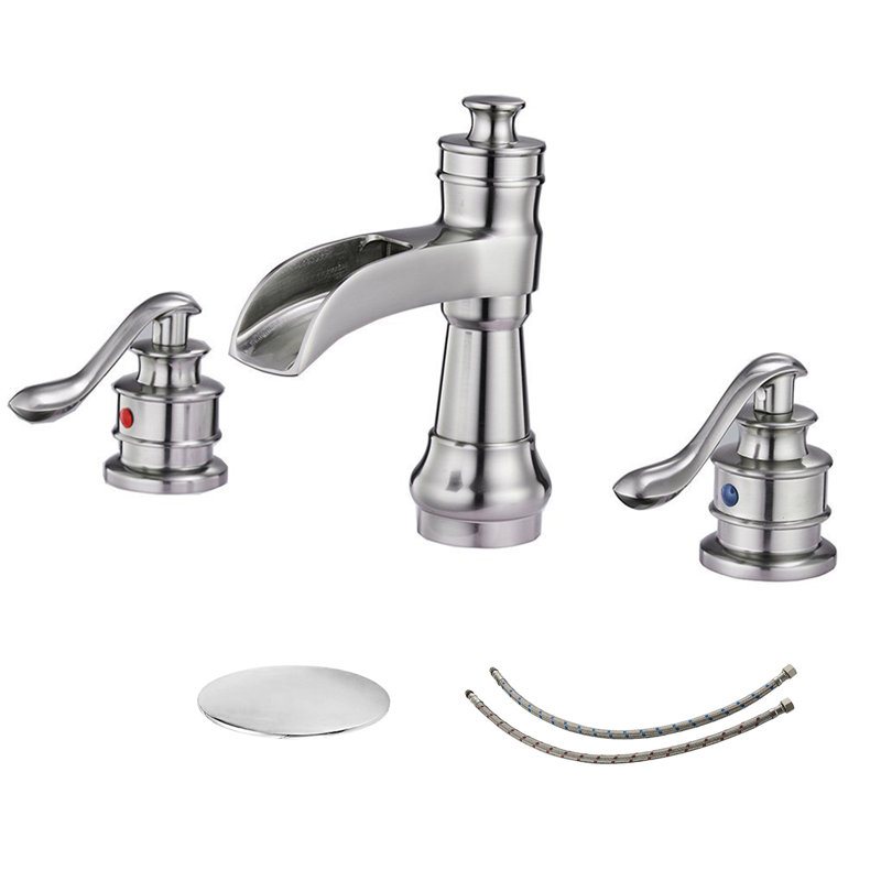 Two-Handle 3-Hole Deck Mount Widespread Bathroom Faucet with Drain Assembly, Brushed Nickel