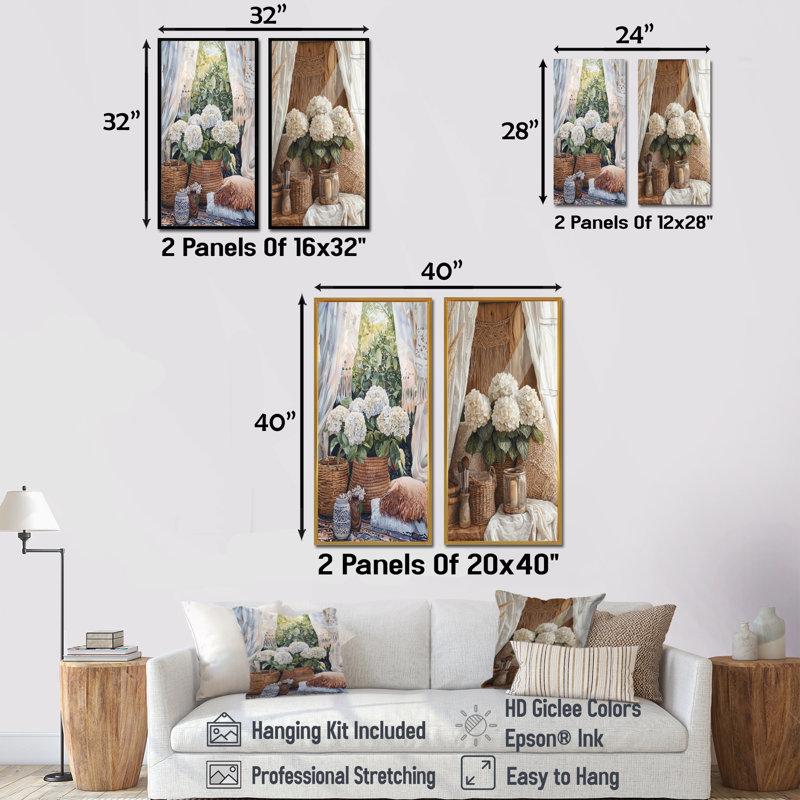 Boho hortensias par la tente Boho I - impressions sur toile florales 2 panneaux, Cadre flottant noir, H 32 po x l 33 po