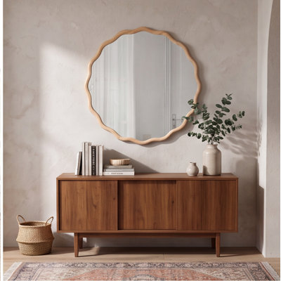 Solid Wood Wavy Wall Mirror, 31"x31" Natural Wood Frame, Modern Decorative Mirror for Bathroom, Bedroom, Living Room, Entryway