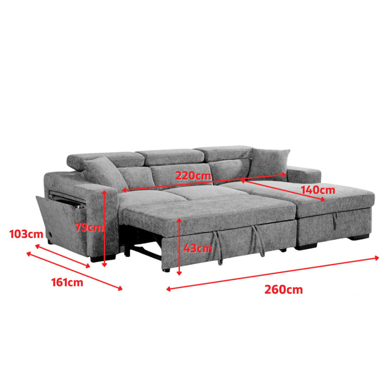 4 Seater Sofa Bed, Right Hand Facing, Gray Polyester