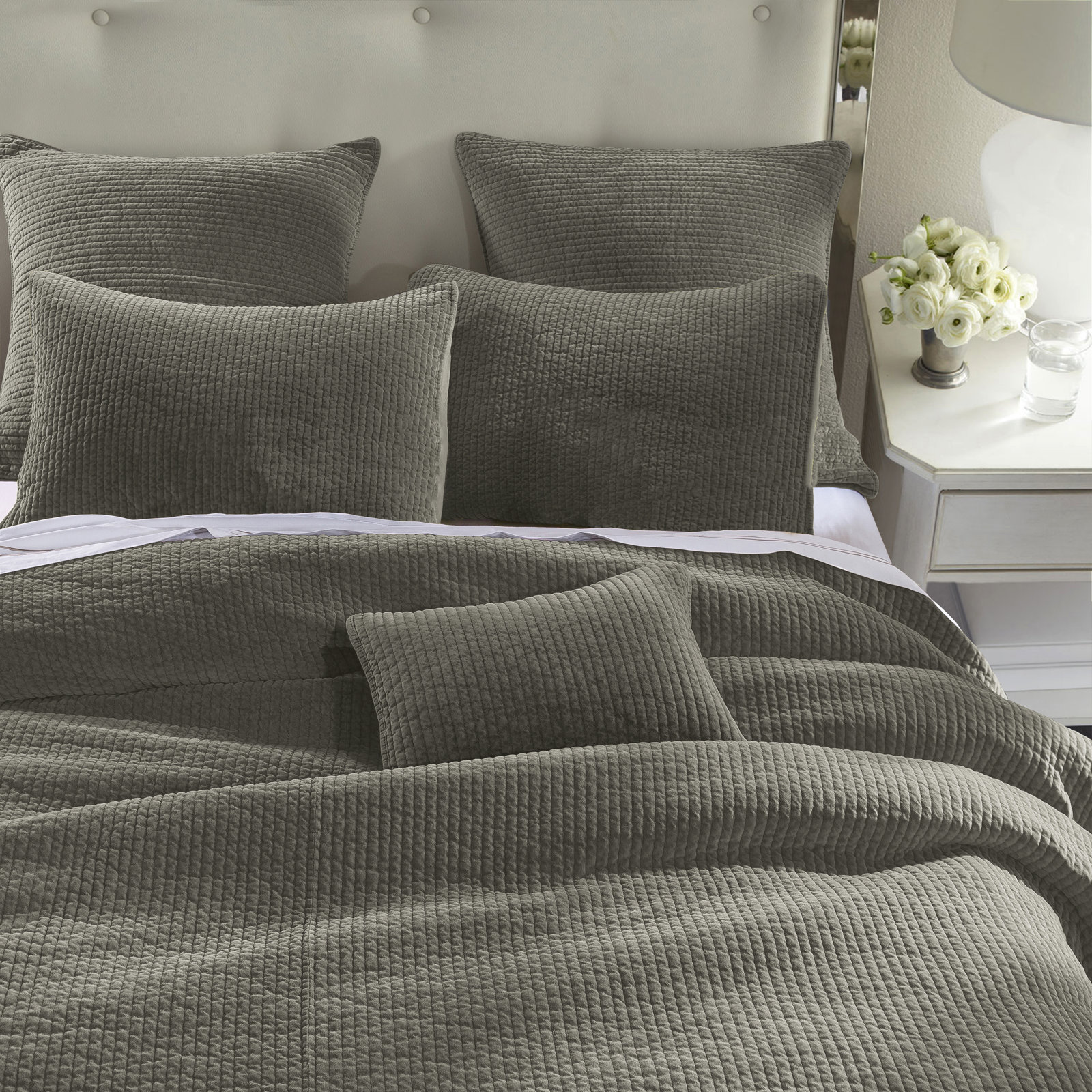 Stone Washed Cotton Velvet Quilt Set, King Quilt  + 2 King Shams, Gray