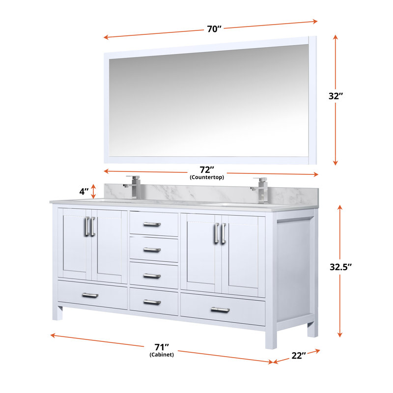 Jacques 72 in. W x 22 in. D Double Bath Vanity and 70 in. Mirror, White, White Cultured Marble