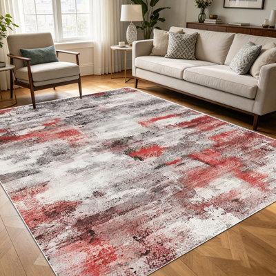1PC Distressed Red & Grey Abstract Vintage Textured Brushstroke area rugs for Living Room, Soft and Comfortable, Suitable for all seasons, easy-to-maintain, machine washable Indoor floor mat, Under Table Farmhouse suitable for Dining Room, Bedroom.