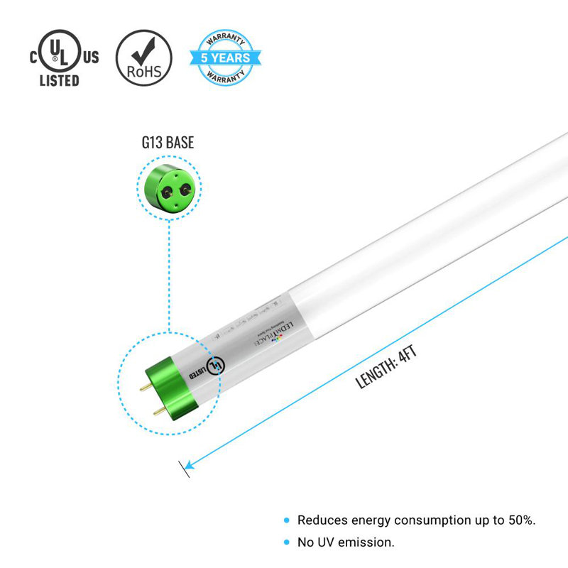 18 watts (équivalent à 50 watts), ampoule à DEL T8 non-à intensité variable, culot G13/à deux broches, 6 500 K