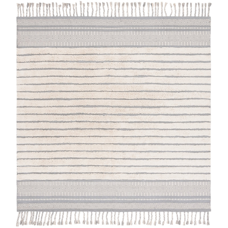 Latay Hand Woven Cotton Pile Striped Rug, Square 6'