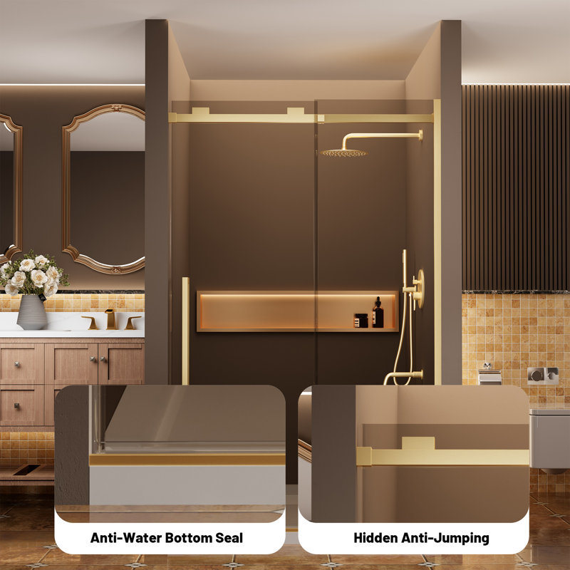Porte de douche coulissante simple réversible sans cadre de 44 à 48 po x H 76 po avec verre trempé transparent de 3/8 po