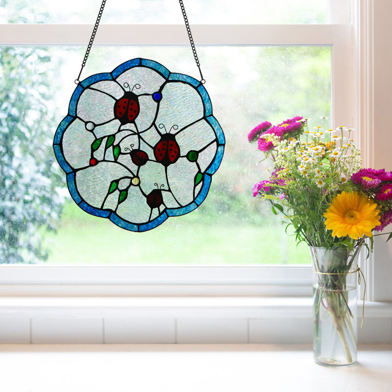 Panneau de vitrail rond 12 "H Ladybugs