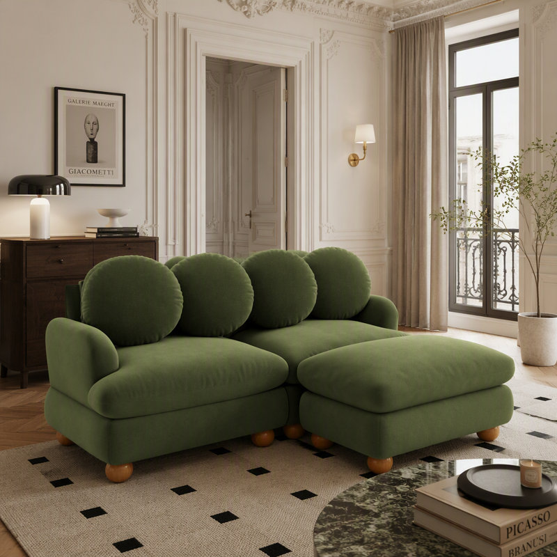 Canapé 3 places en chenille, assise profonde, avec 4 coussins décoratifs, pouf amovible, structure en bois massif, vert. Parfait pour le salon ou la chambre.