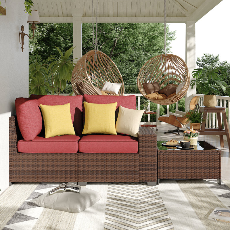 2 -Person Rattan Patio Safo With Cushions, Red, Brown