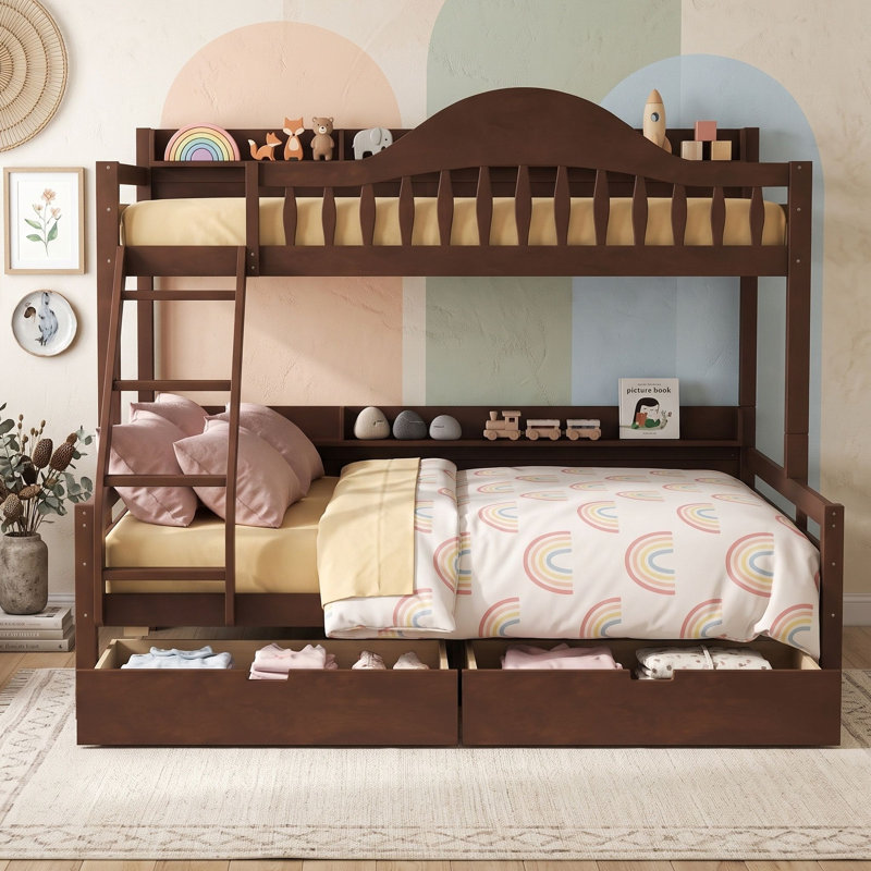 Lit superposé en bois avec tiroirs de rangement, étagères et échelle, Twin XL Over Queen, Deep Natural