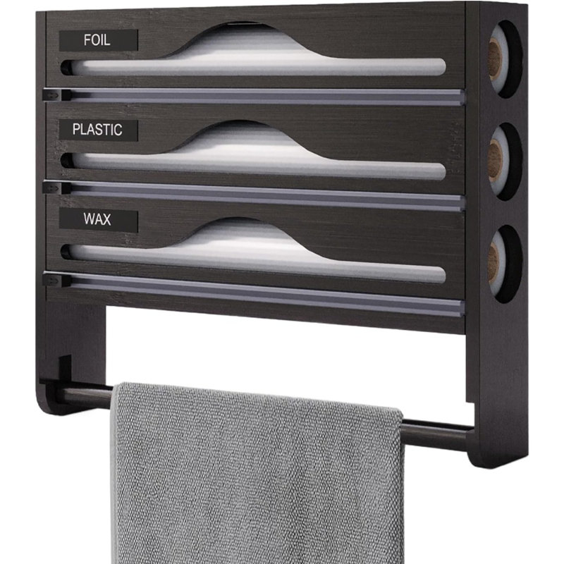 Wrap Organiser avec Cutter - Boîte à découper murale de cuisine quatre-en-1 | Distributeur de papier avec découpeur et étiquettes | Support d'organisation pour le rangement de l'espace
