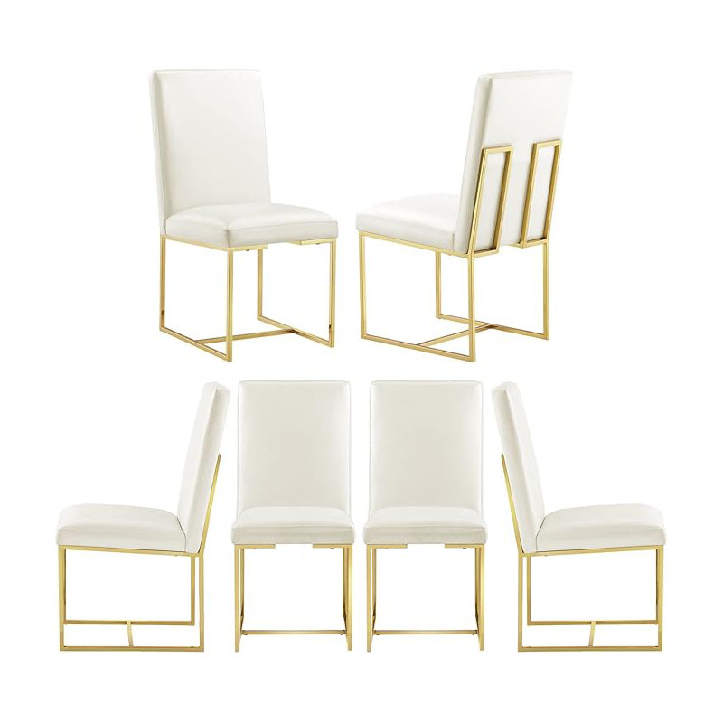 Luxury White Leather Dining Chairs With Mirrored Gold Metal Legs Set Of 6