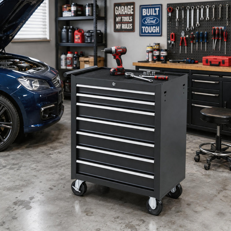 Armoire à outils noire verrouillable à 7 tiroirs avec rangement à roulettes pour garage et atelier